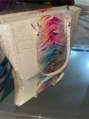 Huge Cream Croc-Embossed Tote with Multicolor Watercolor Panel. Xl